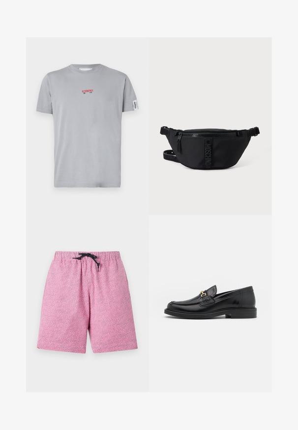 Iceberg T-shirt imprimé - grigio chiaro; Shorts de bain roses à motifs avec une taille élastique et un cordon noir. Le matériau semble léger avec une surface texturée.; Mocassins en cuir noir avec un embout rond, présentant des accents en métal doré et des détails de couture, montés sur une semelle en caoutchouc texturé et basse.; Sac banane noir Moschino avec fermeture éclair frontale et sangle ajustable sur un fond uni clair.