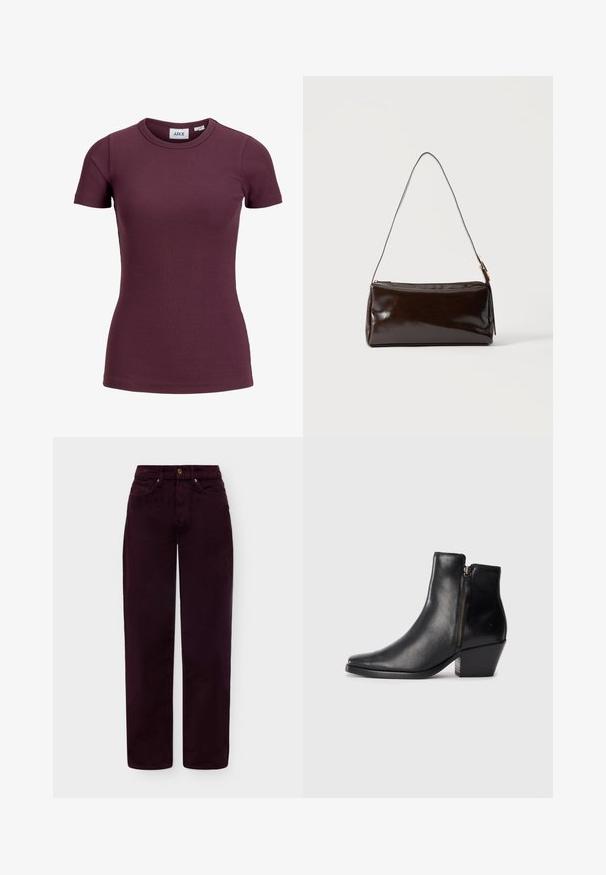 T-shirt côtelé ajusté à manches courtes couleur prune foncée avec col rond et étiquette avant indiquant la marque JJXX et la taille 5.; Pantalon en velours côtelé bordeaux foncé à jambes droites avec poches avant, passants de ceinture et fermeture à boutons, présenté sur fond blanc.; Bottines en cuir noir avec un bout pointu, une fermeture éclair sur le côté et un talon épais. Texture lisse et design minimaliste.; Sac à bandoulière rectangulaire en cuir marron foncé avec une seule sangle fine et une boucle dorée sur un fond uni.