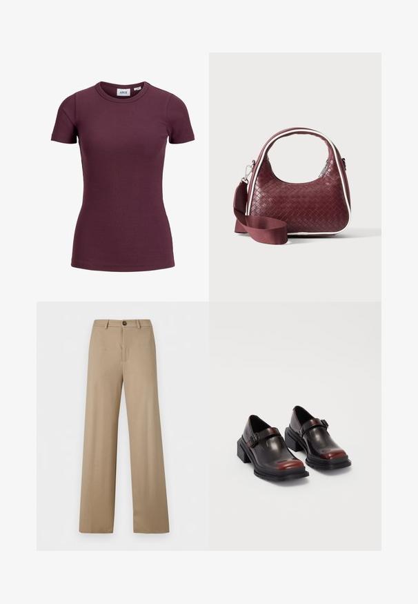 Korte mouw aansluitend geribd t-shirt in donker pruim met ronde hals en voorlabel met merk JJXX en maat 5.; Beige broek met hoge taille en wijde pijpen, met riemlussen en een enkele knoopsluiting in de taille.; Leren blokhak schoenen met een glanzende donkerburgundy afwerking, voorzien van een gespstrap en een rond neusstuk. Getextureerde zool voor grip.; Donkerrode geweven leren handtas met gebogen handvat, witte bies, zilveren rits en afneembare brede stoffen schouderriem tegen een effen achtergrond.