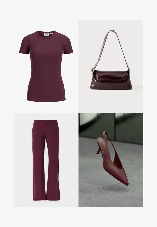 Kortærmet tætsiddende ribbet t-shirt i mørk blommefarve med rund halsudskæring og frontmærke med mærket JJXX og størrelse 5.; Bukser med lige ben i ensfarvet mørk bordeaux med elastisk talje, lavet af blødt stof.; Burgunderfarvet læder slingback kitten heel med spids tå, svævende over en grå tekstureret overflade foran en mørkegrøn væg.; Mørk bordeaux skuldertaske i læder med klaplukning og en tynd justerbar rem, vist på en ensfarvet lys baggrund.