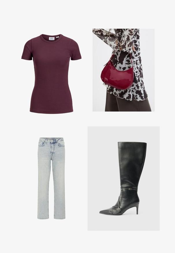 Kortærmet tætsiddende ribbet t-shirt i mørk blommefarve med rund halsudskæring og frontmærke med mærket JJXX og størrelse 5.; My Essential Wardrobe WIDE 05 THE LOUIS 139 - Jeans Relaxed Fit - light blue dirty wash; Sorte knæhøje støvler i læder med en slank hæl, spids tå og remdetaljer ved anklen. Glat tekstur og tætsiddende design.; Kvinde iført en sort- og hvidmønstret bluse, der holder en blank rød skuldertaske mod en ensfarvet baggrund.
