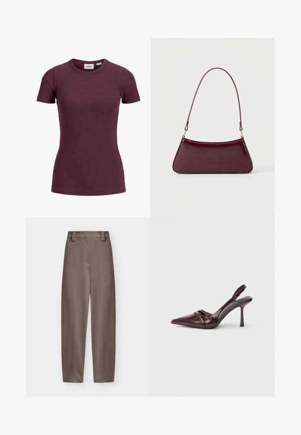 T-shirt côtelé ajusté à manches courtes couleur prune foncée avec col rond et étiquette avant indiquant la marque JJXX et la taille 5.; Pantalon marron taille haute à jambes droites avec passants pour ceinture et plis marqués nets à l'avant et à l'arrière.; Escarpin slingback en cuir verni bordeaux avec bout pointu, fine bride à la cheville et petit détail décoratif de boucle. Texture lisse et talon haut.; Sac à main brillant bordeaux foncé avec une anse fine unique et une forme trapézoïdale élégante sur un fond clair uni.
