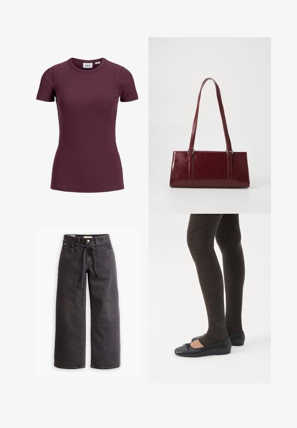 T-shirt côtelé ajusté à manches courtes couleur prune foncée avec col rond et étiquette avant indiquant la marque JJXX et la taille 5.; Jeans larges noirs en jean, dotés d'une taille à cordon de serrage, de cinq poches et de détails de couture contrastés. Design à l'avant plat.; Jambes portant des leggings côtelés foncés associés à des ballerines noires avec de petits détails en nœud sur fond blanc.; Sac à main bordeaux en matériau brillant, de forme rectangulaire, avec deux anses et des accents légèrement courbés à l'avant.