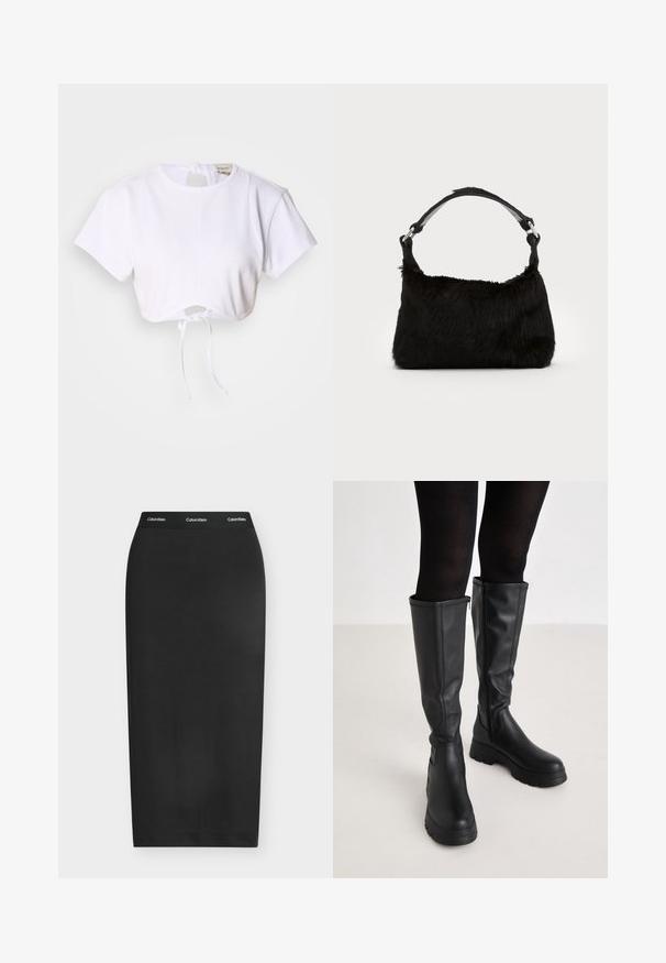 T-shirt blanc court en tissu lisse. Présente un col rond, des manches courtes et un cordon de serrage en bas pour des ajustements.; Jupe crayon noire longueur mollet avec ceinture élastique ornée de logos blancs Calvin Klein.; Even&Odd by Zalando Bottes à plateau - black; Sac à main en fausse fourrure noire avec une texture douce, une forme arrondie et une bandoulière en cuir noir robuste. Accent en métal argenté visible.