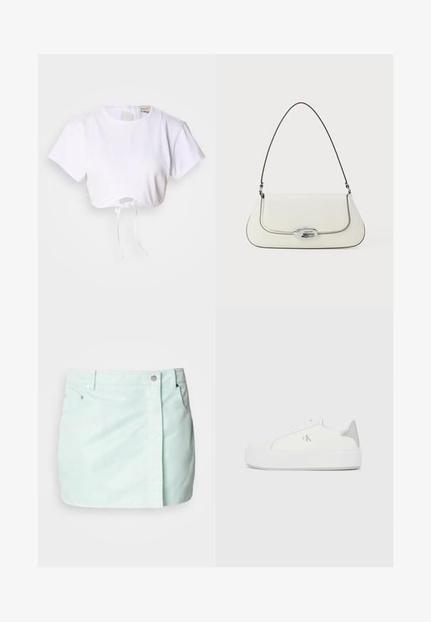 Hvid cropped t-shirt lavet af glat stof. Den har en rund halsudskæring, korte ærmer og en justerbar snoretræk i bunden.; Lys mintgrøn denimskørt med frontlukning med knapper og lynlås, to sidelommer og en ren, glat overflade.; Hvide lærredssneakers med en tyk hvid sål, prydet med en metallic sølvaccent på hælen og en diskret logo-detalje på siden.; Hvid lædertaske med et buet design, kontrasterende sort syning og en sølvfarvet beslaglås med Calvin Klein-logoet.