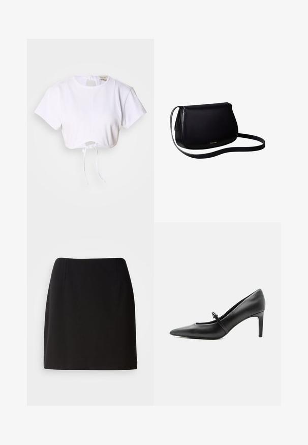 Hvid cropped t-shirt lavet af glat stof. Den har en rund halsudskæring, korte ærmer og en justerbar snoretræk i bunden.; Sort nederdel med en tætsiddende silhuet, lavet af et glat stof. Har subtile frontfolder og et design der når til midten af låret.; Sort læderspids højhælede sko med tynd rem og spænde over vristen, stående på en neutral lys baggrund.; Sort læder skuldertaske med buet form og tynd rem, lille guldfarvet Calvin Klein-logo centreret nær bunden.