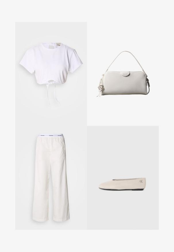 T-shirt blanc court en tissu lisse. Présente un col rond, des manches courtes et un cordon de serrage en bas pour des ajustements.; Pantalons larges blancs avec une taille élastique arborant un logo Calvin Klein en contraste. Fabriqués à partir d'un tissu lisse, ils offrent une coupe décontractée.; Ballet plat en cuir beige avec une semelle noire basse et un logo "cK" en argent sur le talon, design minimaliste, vue de côté sur fond uni.; Sac à main rectangulaire blanc Calvin Klein avec une seule poignée, design minimaliste et pampilles décoratives avec un charm métallique géométrique sur le côté.