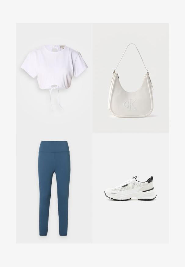 Hvid cropped t-shirt lavet af glat stof. Den har en rund halsudskæring, korte ærmer og en justerbar snoretræk i bunden.; Blå højtaljede leggings lavet af strækbart stof. Glat tekstur med en tætsiddende pasform og stikninger langs sømmene.; Hvid Calvin Klein sneaker med mesh-overdel, chunky sål, sort hælfane og sort branding på siden og fronten.; Hvid skuldertaske i læder med lynlås, buet form og forhøjet CK-logo prægget på forsiden.