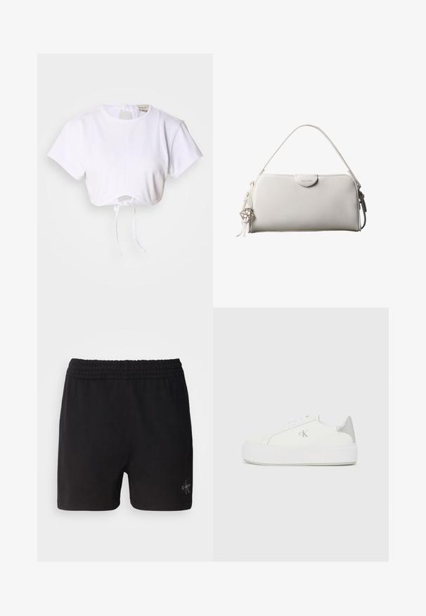 Hvid cropped t-shirt lavet af glat stof. Den har en rund halsudskæring, korte ærmer og en justerbar snoretræk i bunden.; Sorte bomuldsshorts med elastisk talje og Calvin Klein-logo i sølv i nederste højre hjørne. Glat tekstur.; Hvide lærredssneakers med en tyk hvid sål, prydet med en metallic sølvaccent på hælen og en diskret logo-detalje på siden.; Hvid rektangulær Calvin Klein håndtaske med enkelt håndtag, minimalistisk design og dekorative kvaster med geometrisk metalvedhæng på siden.