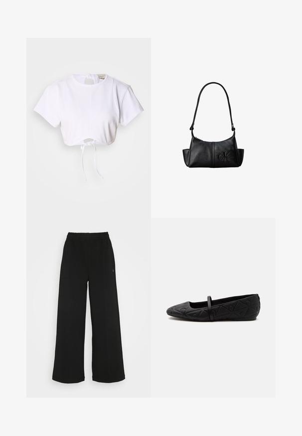 Hvid cropped t-shirt lavet af glat stof. Den har en rund halsudskæring, korte ærmer og en justerbar snoretræk i bunden.; Sorte brede bukser med elastisk talje. Fremstillet af et blødt, let materiale. Har lodrette syninger foran.; Sort flad sko med rundet tå, præget geometrisk mønster og en enkelt tynd rem tværs over toppen, vist i sideprofil.; Sort læder skuldertaske med lang rem, sidelommer og præget Calvin Klein-logo på fronten.