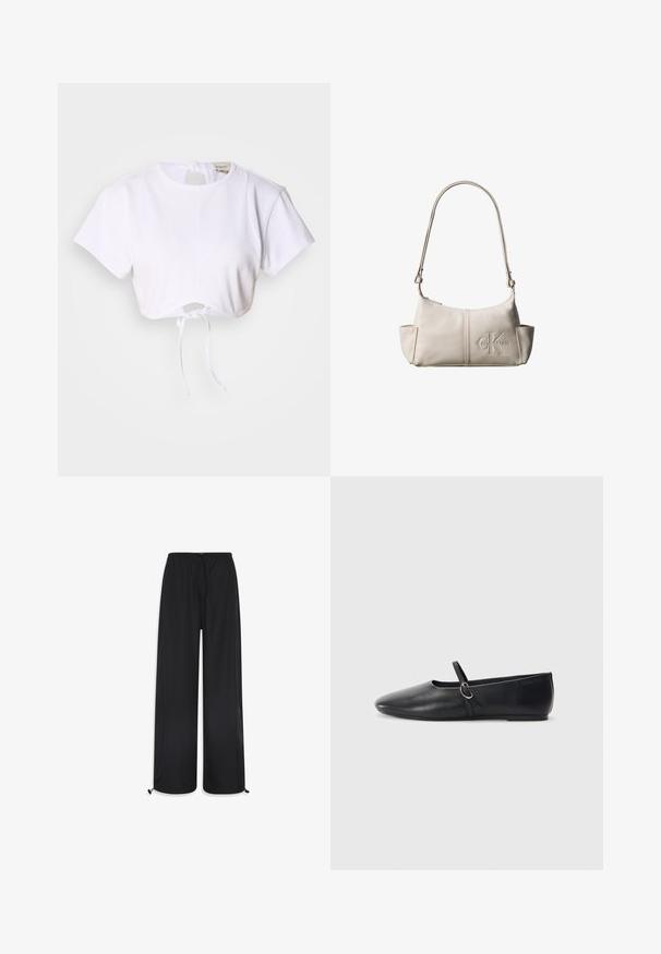 T-shirt blanc court en tissu lisse. Présente un col rond, des manches courtes et un cordon de serrage en bas pour des ajustements.; Pantalons larges noirs en tissu léger. Ils sont dotés d'une taille élastique avec un cordon de serrage et des poignets réglables à l'ourlet.; Ballerines noires en cuir avec un bout pointu, une semelle plate et une petite sangle avec un détail de boucle en argent.; Petit sac à bandoulière en cuir beige avec une sangle ajustable et un logo Calvin Klein embossé au centre avant.