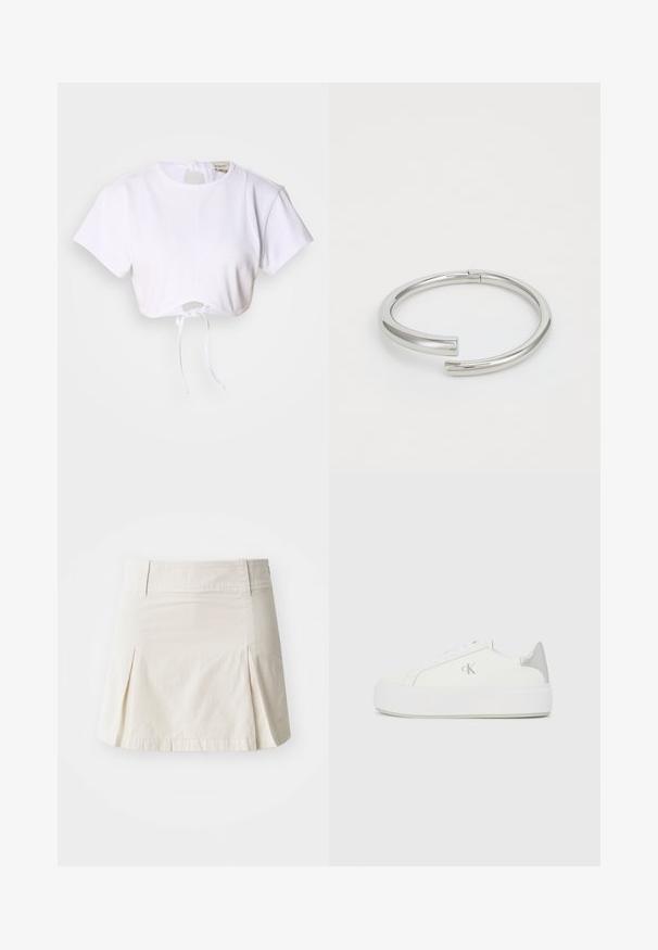 Witte cropped t-shirt gemaakt van gladde stof. Heeft een ronde halslijn, korte mouwen en een trekkoord onderaan voor aanpassing.; Lichtbeige katoenen rok met een aansluitende taille, geplooid ontwerp en rechte zoom, met een soepele textuur en zonder zichtbare hardware.; Witte canvas sneakers met een dikke witte zool, voorzien van een metallic zilveren accent op de hiel en een subtiel logo detail aan de zijkant.; Calvin Klein SPIRAL - Armband - silver-coloured