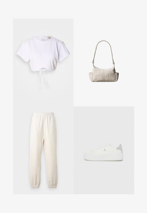 Hvid cropped t-shirt lavet af glat stof. Den har en rund halsudskæring, korte ærmer og en justerbar snoretræk i bunden.; Kremfarvede joggingbukser med elastisk linning og manchetter, vist fladt mod en lys baggrund.; Hvide lærredssneakers med en tyk hvid sål, prydet med en metallic sølvaccent på hælen og en diskret logo-detalje på siden.; Lille beige læder skuldertaske med justerbar rem og præget Calvin Klein-logo foran i midten.
