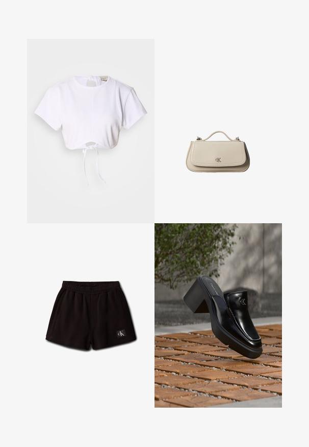 Weißes, kurzes T-Shirt aus glattem Stoff. Mit rundem Ausschnitt, kurzen Ärmeln und einem Kordelzug am Saum zur Anpassung.; Schwarze elastische Shorts mit Seitentaschen und einem kleinen Calvin Klein Logo-Patch vorne unten links.; Schwarze Leder-Slip-on-Mule von Calvin Klein mit Blockabsatz, die auf Holzfliesen im Freien nahe einer grünen Pflanze und einer grauen Wand ruht.; Kleine beigefarbene Lederhandtasche mit oberem Griff und silbernem CK-Logo auf der Frontklappe, vor weißem Hintergrund dargestellt.