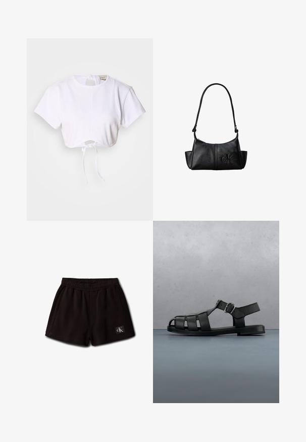Hvid cropped t-shirt lavet af glat stof. Den har en rund halsudskæring, korte ærmer og en justerbar snoretræk i bunden.; Sorte elastiske korte shorts med sidelommer og et lille Calvin Klein-logo på den forreste nederste venstre side.; Sort herresandal i læder med lukkede tå-remme, side-spænde og flad sål, vist i profil på hvid baggrund.; Sort læder skuldertaske med lang rem, sidelommer og præget Calvin Klein-logo på fronten.