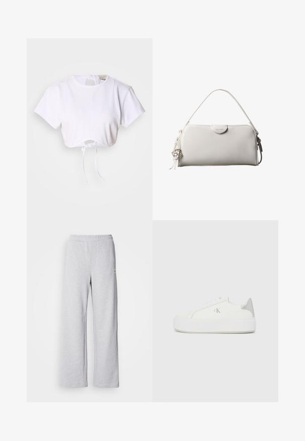 Hvid cropped t-shirt lavet af glat stof. Den har en rund halsudskæring, korte ærmer og en justerbar snoretræk i bunden.; Lys grå joggebukser med bred bendesign, elastisk talje og subtile syninger. Lavet af blødt, åndbart stof.; Hvide lærredssneakers med en tyk hvid sål, prydet med en metallic sølvaccent på hælen og en diskret logo-detalje på siden.; Hvid rektangulær Calvin Klein håndtaske med enkelt håndtag, minimalistisk design og dekorative kvaster med geometrisk metalvedhæng på siden.