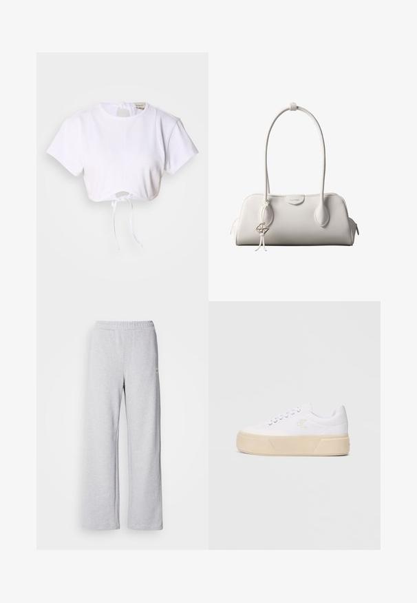 Witte cropped t-shirt gemaakt van gladde stof. Heeft een ronde halslijn, korte mouwen en een trekkoord onderaan voor aanpassing.; Lichtgrijze sweatpants met een wijde pijpdesign, elastische tailleband en subtiele stikdetails. Gemaakt van zachte, ademende stof.; Witte canvas sneakers met een stevige beige platformzool, voorzien van een subtiel geborduurd logo aan de zijkant en een klassiek vetersluiting ontwerp.; Witte Calvin Klein schoudertas met lange hengsels, rechthoekige vorm, ritssluiting en decoratieve logohanger bij het hengsel.