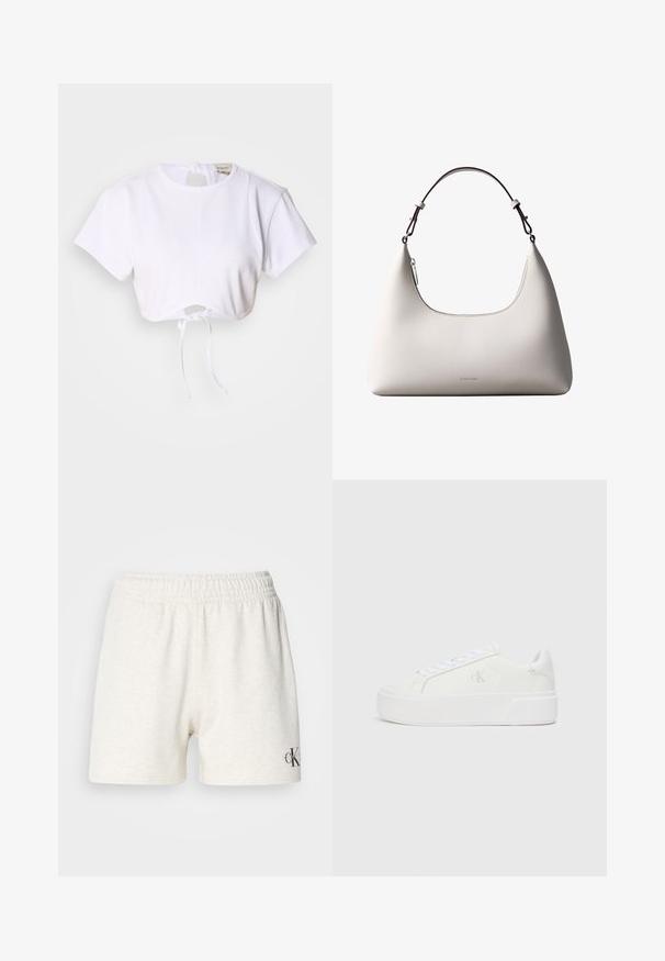 Witte cropped t-shirt gemaakt van gladde stof. Heeft een ronde halslijn, korte mouwen en een trekkoord onderaan voor aanpassing.; Lichtgrijze katoenen shorts met een elastische tailleband, met een zachte textuur en een klein zwart logo-accent aan de onderzijde rechts.; Witte platform sneakers met een gladleren bovenkant, ronde neus, witte veters en subtiele logodetail aan de zijkant. Platte rubberen zool.; Romige Calvin Klein leren schoudertas met gebogen bovenrand, zilveren rits en donkerbruine verstelbare riem.