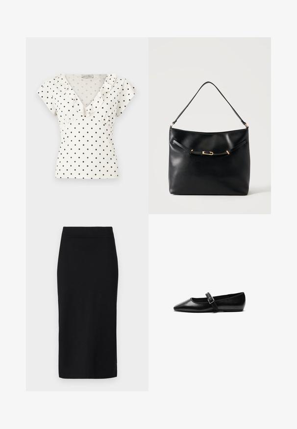 Blusa blanca de manga corta con lunares negros, escote en V y volante en el borde del cuello.; Falda negra hasta la rodilla hecha de una tela suave, con un diseño ajustado, una cinturilla discreta y sin cierres o bolsillos visibles.; Zapato plano negro de cuero con punta afilada, correa ajustable con hebilla de metal, textura suave y diseño minimalista.; Bolso de hombro de cuero negro con una sola correa y un pequeño detalle de hebilla dorada en la parte delantera sobre un fondo claro y liso.