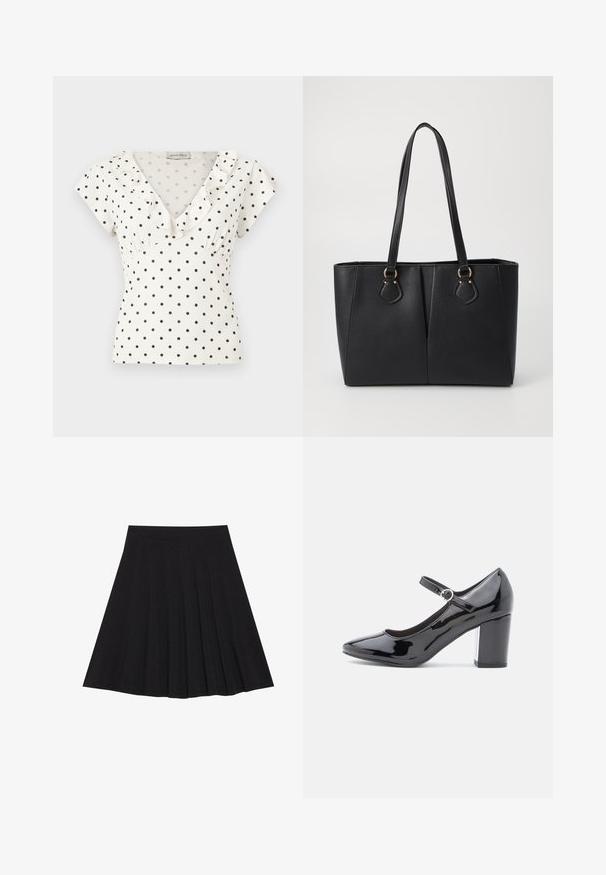 Blouse blanche à manches courtes avec des pois noirs, encolure en V et un bord à volants le long du col.; Jupe plissée noire en tissu texturé avec une taille ajustée. Arrive au genou, présentant une silhouette lisse et épurée.; Chaussure à talon haut en cuir verni noir avec un bout rond, une bride de cheville et un talon carré. Fini brillant avec une texture lisse.; Sac fourre-tout noir en simili cuir avec une finition texturée, deux longues poignées et des accents en métal doré sur le côté. Shape rectangulaire.
