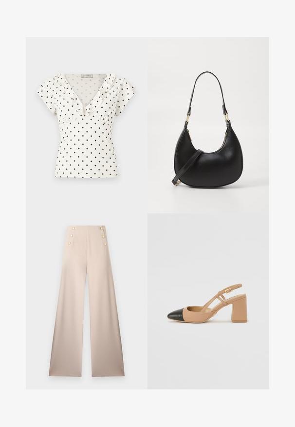 Weiße Bluse mit kurzen Ärmeln, schwarzen Punkten, V-Ausschnitt und Rüschensaum entlang des Kragens.; Beige Hosen mit weitem Bein, hohem Bund und zwei vertikalen Reihen mit jeweils drei goldfarbenen Dekoknöpfen auf der Vorderseite.; Beige Slingback-Schuh mit schwarzer Kappe, quadratischem Absatz und zwei Riemenakzenten, aus glattem Material gefertigt.; Schwarze Lederhandtasche mit geschwungener Form, ausgestattet mit einem oberen Reißverschluss, einem kurzen Griff und einem abnehmbaren Schulterriemen. Goldene Hardware-Akzente.