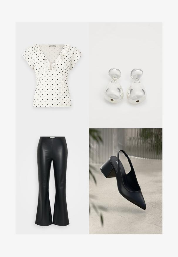 Hvid kortærmet bluse med sorte prikker, V-hals og flæsekant langs kraven.; ONLY Tall ONLSMOOTH KICK FLARE - Bukser - black; Sort læder slingback hæl med spids tå og blokhæl. Glat tekstur, minimalistisk design og justerbar ankelrem.; Par af polerede sølvøreringe med en rund top og en tåreformet bund på en hvid baggrund.
