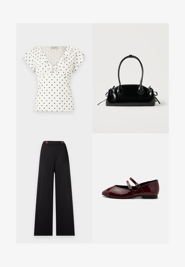 Blouse blanche à manches courtes avec des pois noirs, encolure en V et un bord à volants le long du col.; Pantalon noir à jambes larges avec une taille haute, doté de deux boutons marron et d'un tissu lisse et texturé. Sans motifs ni accents supplémentaires.; Anna Field by Zalando Babies - dark red; Petit sac à main noir brillant avec deux longues anses et des détails à cordon sur les côtés sur un fond clair uni.