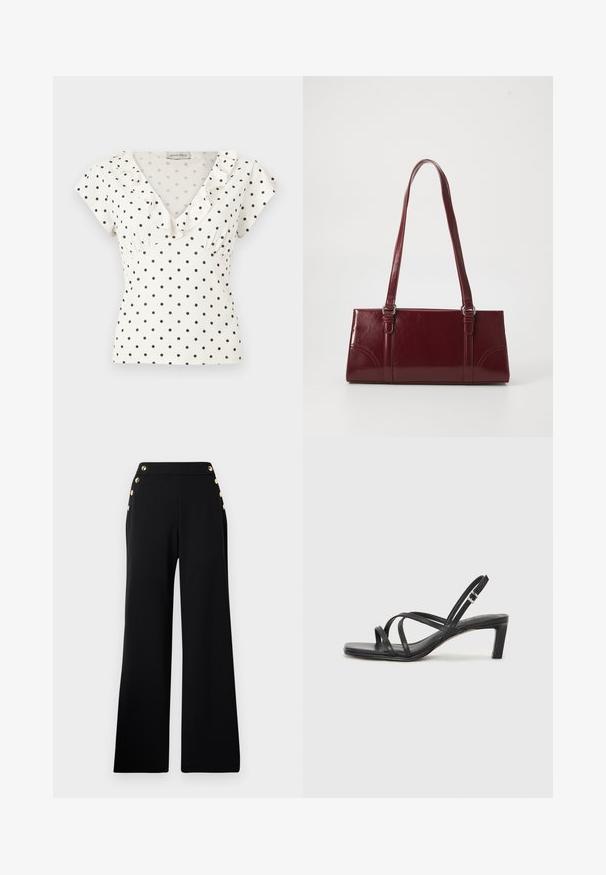 Blusa blanca de manga corta con lunares negros, escote en V y volante en el borde del cuello.; Pantalones de pierna ancha de talle alto en negro con botones dorados en la parte delantera y bolsillos en ambas caderas sobre un fondo blanco.; Sandalia negra de tiras con punta cuadrada y tacón bajo de bloque. Presenta múltiples tiras delgadas y una correa ajustable en el tobillo. Fabricada en cuero suave.; Bolso burdeos hecho de material brillante, de forma rectangular, con dos asas para el hombro y sutiles acentos curvados en la parte frontal.