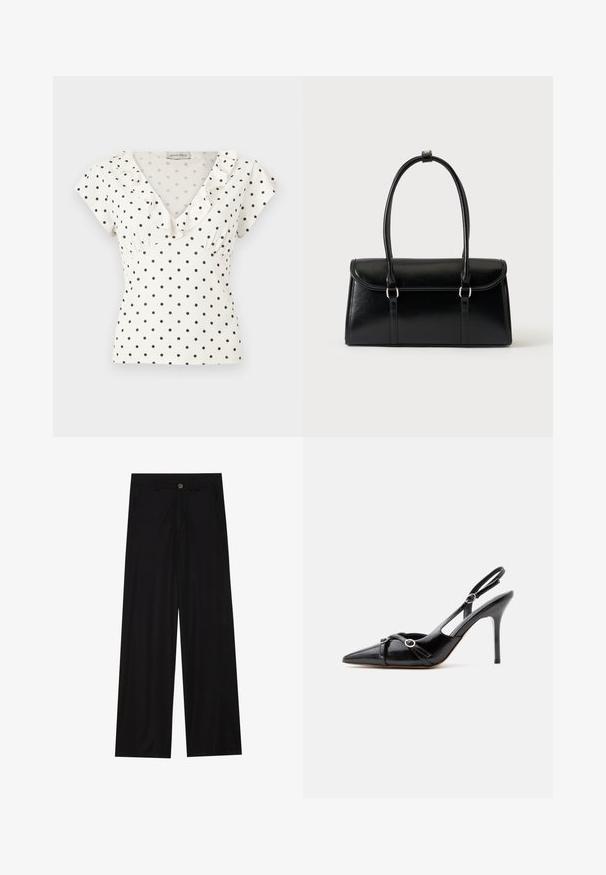 Hvit kortermet bluse med svarte polkadotter, V-hals og volangkant langs kragen.; Bredde ben sorte bukser laget av et glatt stoff, med frontlommer og knappelukking i midjen. Minimalistisk design uten mønstre.; Svarte slingback høyhælte sko i lakkskinn med spiss tupp, to tynne stropper og detaljer med sølvspenne.; Svart rektangulær skinnveske med klaffelukking og to lange håndtak mot en ensfarget hvit bakgrunn.