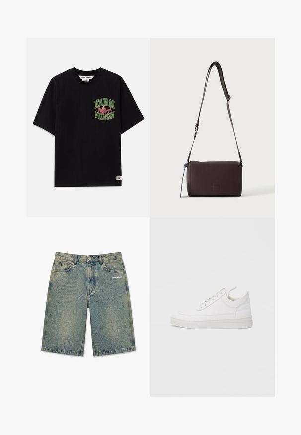 Zwarte katoenen t-shirt met een grafische print in groene en roze tekst die "FARM FRESH" zegt, met een losse pasvorm en korte mouwen.; Lichtblauwe denim shorts met een vervaagd effect, voorzakken, riemlussen, knoopsluiting en het "PEGADOR" logo op de rechter voorzak.; Witte leren sneaker met een afgeronde neus, platte zool en veters aan de voorkant. Voorzien van stikseldetails en een gevoerde kraag voor comfort.; Donkerbruine gestructureerde leren crossbodytas met verstelbare riem en klein decoratief blauw accent aan de zijkant.