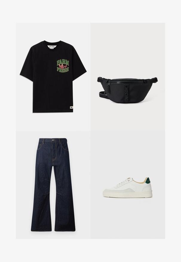 Sort bomulds t-shirt med et grafisk print i grøn og pink tekst, der siger "FARM FRESH", med en løs pasform og korte ærmer.; Mørkeblå denim flared jeans med gul syning, fem lommer og lynlåsgylf. Har vandrette sømme over knæene.; Hvide sneakers med ruskindsdetaljer, rund tå, flade snørebånd og en cremet gummisål. Har grøn branding på hælen.; Sort Moschino bæltetaske med frontlynlås og justerbar rem på en ensfarvet lys baggrund.