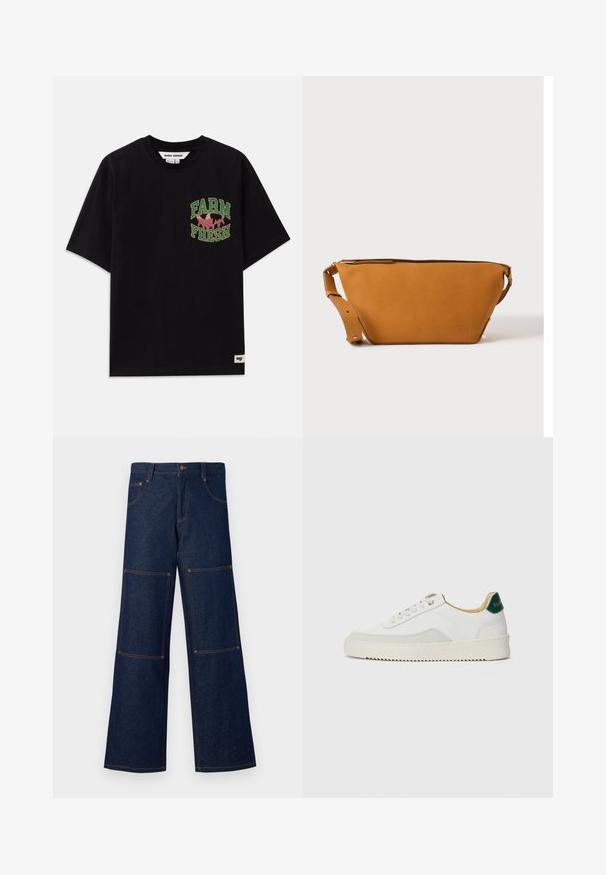 Sort bomulds t-shirt med et grafisk print i grøn og pink tekst, der siger "FARM FRESH", med en løs pasform og korte ærmer.; Mørkeblå denim bukser med vid ben og kontrasterende orange syninger, der har store lappelommer på hver ben og en knaplukning i taljen.; Hvide sneakers med ruskindsdetaljer, rund tå, flade snørebånd og en cremet gummisål. Har grøn branding på hælen.; Lys brun læder crossbody taske med justerbar rem og lynlås, vist mod en ensartet lys baggrund.