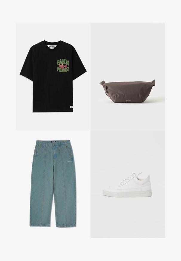 Schwarzes Baumwoll-T-Shirt mit einem grafischen Druck in grün und pink, der "FARM FRESH" sagt, mit lockerer Passform und kurzen Ärmeln.; Helle blaue, unversehrte Jeanshose mit geradem Bein, ausgestattet mit Fronttaschen und einem dezenten, gestickten Logo in der Nähe der Taille.; Weißer Ledersneaker mit abgerundetem Zehenbereich, flacher Sohle und Schnürverschluss. Verfügt über Nahtdetails und einen gepolsterten Kragen für zusätzlichen Komfort.; Dunkelbraune Stoff-Gürteltasche mit diagonalem Reißverschlussfach und kleinem weißen Logo vorne, vor einem einfarbigen hellen Hintergrund.