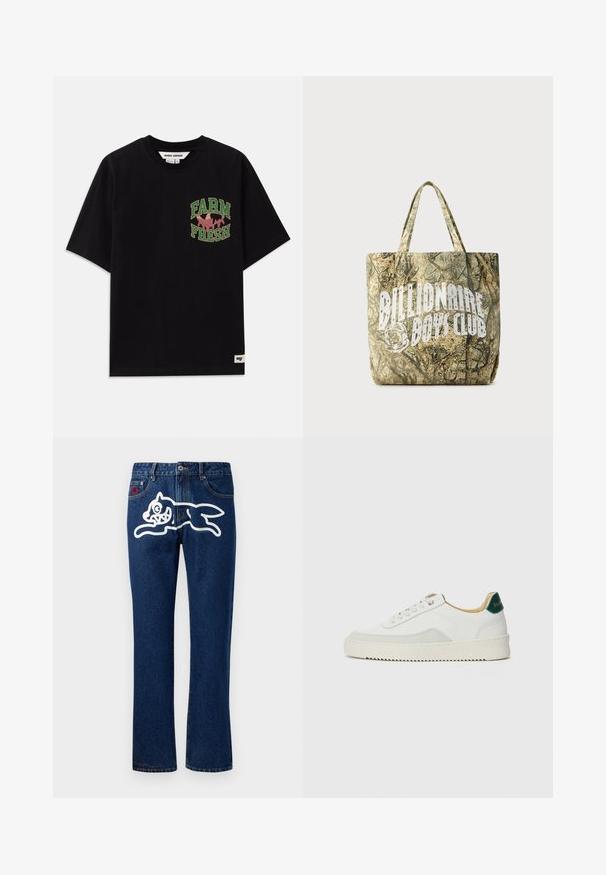 Zwarte katoenen t-shirt met een grafische print in groene en roze tekst die "FARM FRESH" zegt, met een losse pasvorm en korte mouwen.; Blauwe denim jeans met rechte benen, met een grote witte afbeelding van een springend wezen op de achterzak. Standaard vijfzakendesign.; Witte sneaker met suède accenten, ronde neus, platte veters en een crème rubberen zool. Bevat groene branding op de hiel.; Shopper met camouflagepatroon gemaakt van gestructureerde stof met twee handvatten. Voorzien van een opvallend wit logo aan één kant.