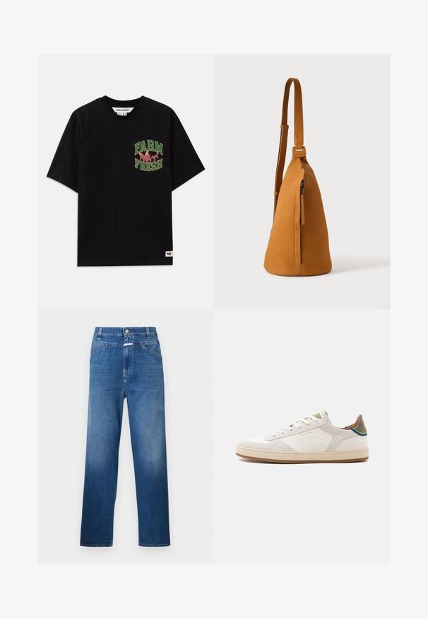 T-shirt en coton noir avec un imprimé graphique en texte vert et rose indiquant "FARM FRESH", à coupe loose et à manches courtes.; Jean en denim bleu avec une coupe droite, présentant une fermeture à bouton, des passants de ceinture et un léger délavage sur les cuisses.; Baskets basses blanches avec semelle beige, lacets à l’avant, détail vert et bleu sur le talon, et discret logo doré "Paul Smith" sur le côté.; Sac besace en cuir couleur fauve avec sangle réglable et poche verticale zippée, présenté de profil sur un fond clair uni.
