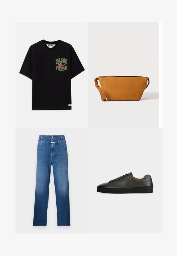 Schwarzes Baumwoll-T-Shirt mit einem grafischen Druck in grün und pink, der "FARM FRESH" sagt, mit lockerer Passform und kurzen Ärmeln.; Blaue Denim-Jeans mit geradem Bein, ausgestattet mit einem Knopfverschluss, Gürtelschlaufen und dezenten Ausbleichungen an den Oberschenkeln.; Niedriger dunkelgrauer Ledersneaker mit schwarzen Schnürsenkeln und Sohle, minimalistisches Design, Seitenprofil vor einem schlichten hellen Hintergrund.; Hellbraune Leder-Umhängetasche mit verstellbarem Schulterriemen und Reißverschluss, vor einem schlichten hellen Hintergrund gezeigt.