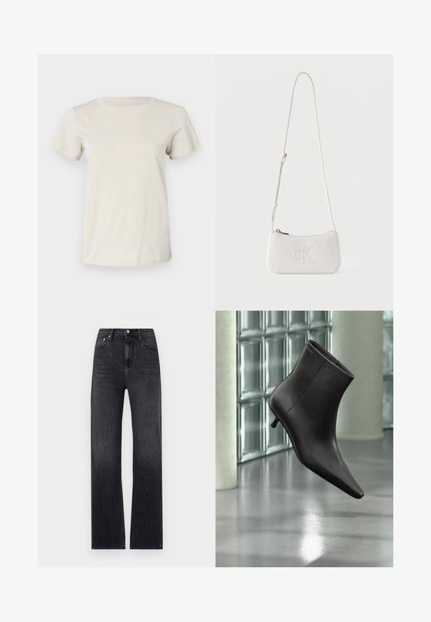Lys beige kortærmet bomulds t-shirt med rund halsudskæring og diskret tekstdetalje foran. Glat struktur og afslappet pasform.; Sorte lige jeans lavet af denim, med høj talje, fem lommer og en lynlås i front med knaplukning. Let slidte vaske.; Sort læderankelstøvle med spids tå og lille hæl vist mod en væg af glasblokke og poleret gulv baggrund.; Skuldertaske i cremefarvet læder med justerbar rem og præget "cK"-logo foran, lynlås lukning.