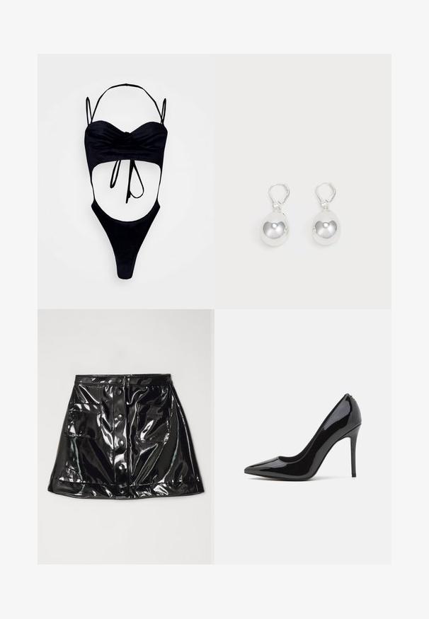 GmbH WITH CUPS - Top - black; Fête Impériale LYVIA - Mini skirts - black; Sorte patentlærred højhælede pumps med spids tå og glat tekstur, der har en slank stilethæl. Ingen synlige udsmykninger.; Sølv dråbeøreringe med glatte, runde, reflekterende overflader hængende fra svingelukkede låse. Baggrunden er helt hvid.