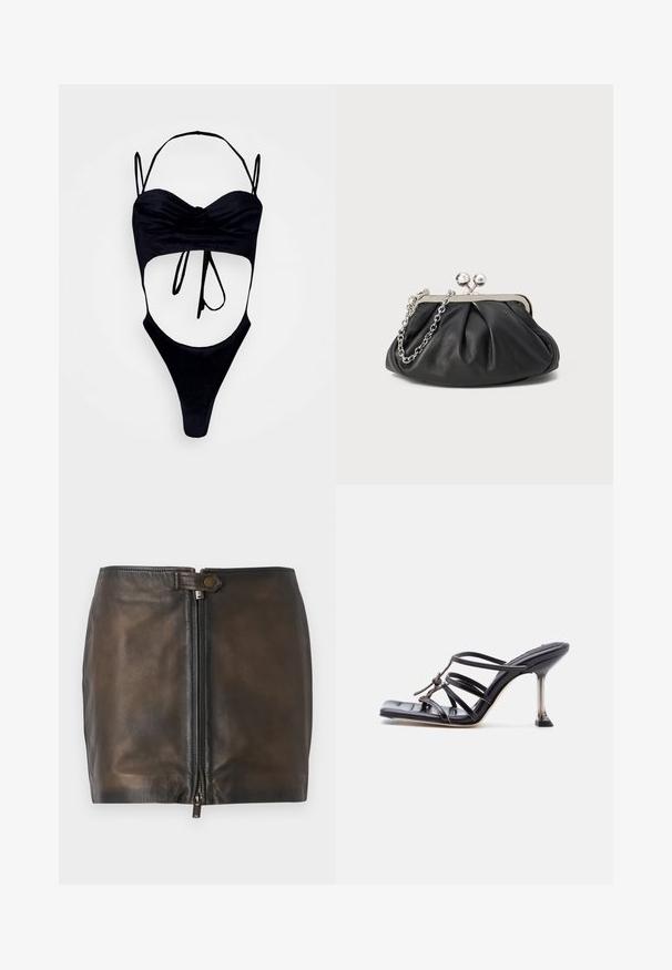GmbH WITH CUPS - Top - black; Schwarzer Leder-Minirock mit einem Reißverschluss vorne, glatter Textur und schmalem Bund. Verfügt über eine kleine Metallakzentuierung am Bund.; Schwarze, Riemchen-Sandalette mit hohem Absatz, quadratischer Zehenform und dünnem Stiletto-Absatz, versehen mit überlappenden Riemen und einer geknoteten Detailgebung am Obermaterial.; Schwarze Leder-Clutch mit geraffter Textur, silberfarbener Metallrahmen, Druckverschluss und Kettenriemen. Glatte, weiche Oberfläche.