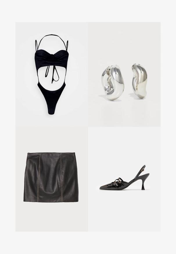 GmbH WITH CUPS - Top - black; Sort læderskørt med stikninger, lige silhuet og glat tekstur. Minimalistisk design uden metaldele.; ALOHAS JOELLE ONIX - Pumps - black; Sølvskulpturelle øreringe med glatte, buede former og reflekterende overflader. Har et lukket hoop-design og en markant organisk form.