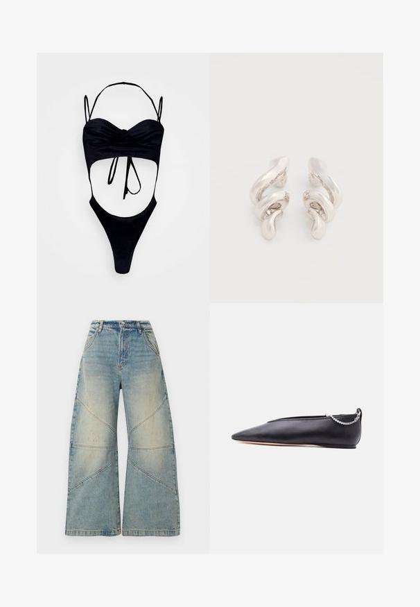 GmbH WITH CUPS - Débardeur - black; Jean bleu clair à jambes larges, taille haute, fermeture par bouton et zip, poches avant et détails de coutures diagonales.; Chaussure plate noire en cuir pointue avec un petit talon et un détail de chaîne argentée à l'arrière sur un fond uni.; Boucles d'oreilles clips en métal argenté torsadé avec une finition lisse et brillante, présentant un design moderne et abstrait en spirale.