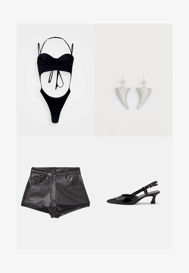 GmbH WITH CUPS - Top - black; Pantalones cortos de imitación cuero negros con cintura alta, que cuentan con dos bolsillos frontales, costuras visibles y una textura suave.; Zapato slingback de charol negro con tacón bajo, punta puntiaguda y correa ajustable con hebilla dorada sobre fondo blanco.; Pendientes en forma de cuerno plateado, engastados con pequeñas piedras transparentes, que cuentan con un cierre trasero para su sujeción. Textura suave y acabado metálico.