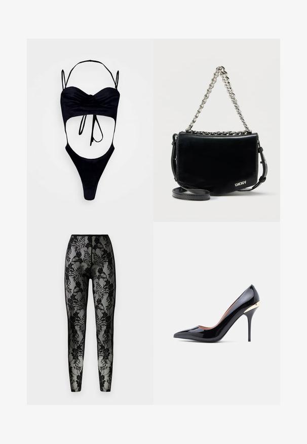 GmbH WITH CUPS - Top - black; Schwarze Spitzenleggings mit floralem Muster, transparenter Stoff und enger Passform, mit einem glatten Bund und geschlossenen Säumen.; Schwarzer Stöckelschuh aus Lackleder mit spitzer Schuhspitze und einem goldenen Akzent an der Ferse. Glatte Textur und schlanke Silhouette.; Schwarze Umhängetasche aus Lackleder mit silberner Kettenriemen und abnehmbarem Schulterriemen, schlichtes Design mit DKNY-Logo.