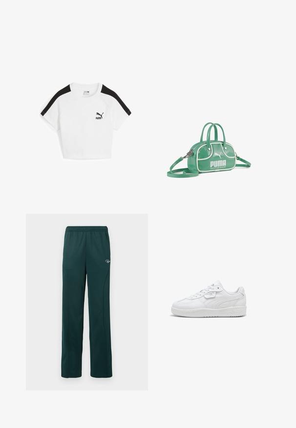 Hvid cropped T-shirt med sorte raglanærmer, der har et lille sort Puma-logo på brystet. Fremstillet af bomuld.; Mørkegrønne sweatpants lavet af blødt stof, med elastisk talje og sidesømme, samt et lille logo foran.; Hvide lædersneakers med tekstureret gummisål, rund tå, flade snørebånd og subtil branding på siden og på tungen.; Lille grøn Puma-håndtaske med hvide kanter, to håndtag, aftagelig skulderrem og frontlogo med teksten "MACHT'S MIT QUALITÄT."
