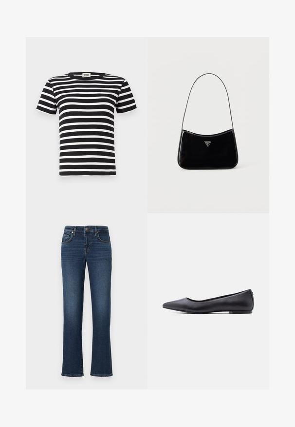 Sort-hvidstribet kortærmet t-shirt, ribbet tekstur, klassisk rund hals design, har vandrette striber i varierende bredder.; Mørkeblå denim jeans med lige ben, der har frontlommer, lynlås og bløde falmede områder langs lårerne.; Sort flad lædersko med spidst tåparti og lav hæl, vist i sideprofil mod en hvid baggrund.; Sort skuldertaske i laklæder med tynd rem, trekantet Guess-logo foran og lynlåslukning i toppen.