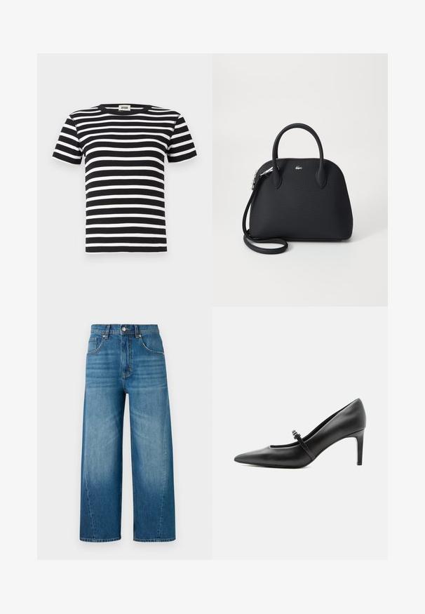 Camiseta de manga corta a rayas en blanco y negro, textura canalé, diseño clásico de cuello redondo, con rayas horizontales de diferentes anchos.; Jeans de denim de pierna ancha en azul claro con un lavado desgastado, que cuentan con cinco bolsillos y un cierre de botón en la parte delantera. Fabricados en tela de algodón.; Zapato de tacón alto de cuero negro con punta puntiaguda, con tira fina y hebilla sobre el empeine, sobre fondo claro y neutro.; Bolso de mano negro hecho de un material texturizado, con dos asas superiores y una correa de hombro desmontable, con un acento de logo plateado.