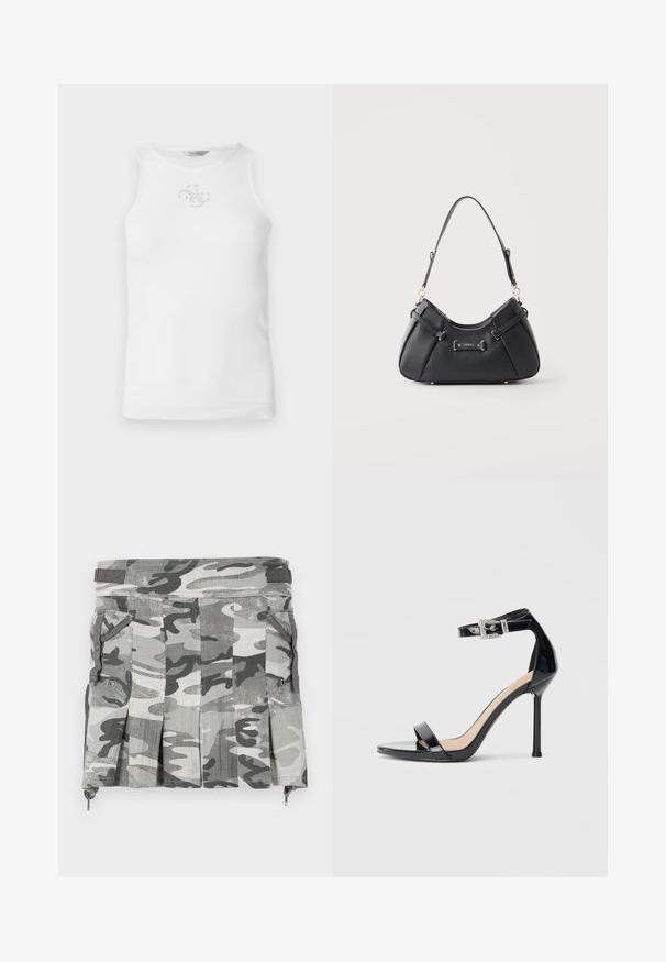 Débardeur blanc côtelé sans manches avec un petit logo scintillant sur la poitrine, doté d'un col rond et d'une silhouette ajustée.; Jupe à motif camouflage dans des nuances de gris et de noir, avec des plis, deux poches latérales et une fermeture éclair à l'ourlet.; Sandale à talon haut en cuir verni noir avec bride à la cheville. Présente un design minimaliste, un bout ouvert et une boucle ornée de strass.; Sac à épaule en cuir noir avec garnitures dorées et plaque à logo Guess, muni d’une bandoulière unique et d’une fermeture éclair sur le dessus.