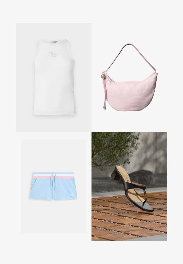 Hvid, ribstrikket, ærmeløs tanktop med en lille, glitrende logo på brystet, med rund halsudskæring og tætsiddende silhuet.; Lyseblå velourg shorts med en pink og hvid stribet talje, snøre-lukning og sidelommer. Indeholder "Juicy" broderet i hvid.; Sort hælsandal med tå-loop og gyldent accent, placeret på en træ- og stenbelagt overflade udendørs nær grønne områder.; Blød lyserød skuldertaske i halvmåneform med justerbar snorrem, metalstopper og diskret præget "cK" logo midt foran.
