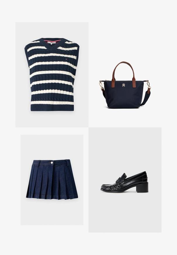Marineblå og cremefarvet stribet ærmeløs strikket vest med v-hals og ribstrikket struktur. Har et lille logo på brystet.; Mørk denim plisseret nederdel med en tætsiddende talje, knaplukning og kontrastsyning. Har pæne pliser og en lige kant.; Sorte læder loafers med en bølget front, rund tå og en blokhælc. Har et dekorativt bånd og syninger langs kanterne.; Marineblå håndtaske med brune læderhåndtag, guldfarvede beslag, en aftagelig skulderrem og et lille guldlogo i midten.
