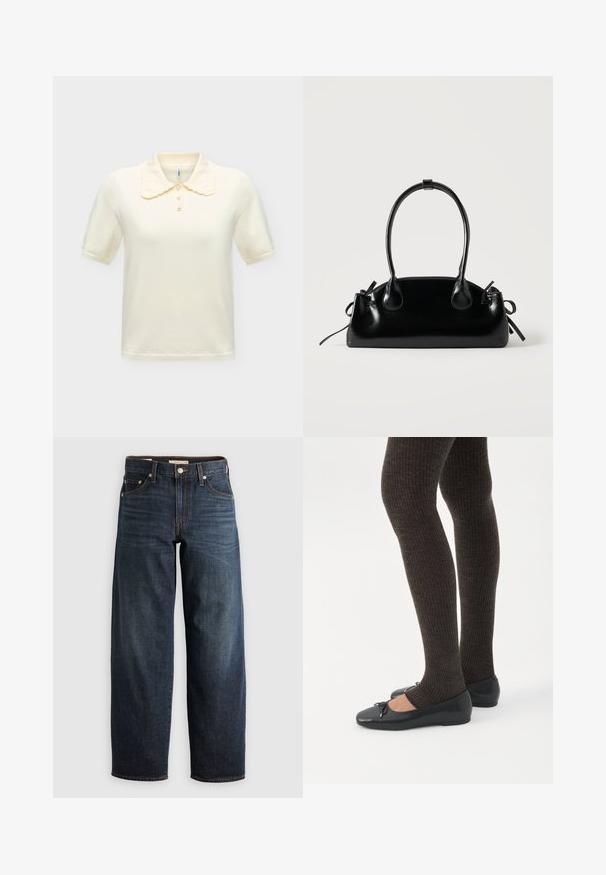Top de punto crema con manga corta, cuello peter pan con borde ondulado y tres botones de perla en la tapeta frontal.; Jeans oscuros de denim, con un diseño de pierna recta, estilo de cinco bolsillos, y acentos de costura superior con cierre de botón.; Piernas con leggings oscuros acanalados combinados con bailarinas negras que presentan pequeños detalles de lazo sobre un fondo blanco.; Pequeño bolso negro brillante con dos asas largas y detalles de cordón lateral sobre un fondo claro liso.